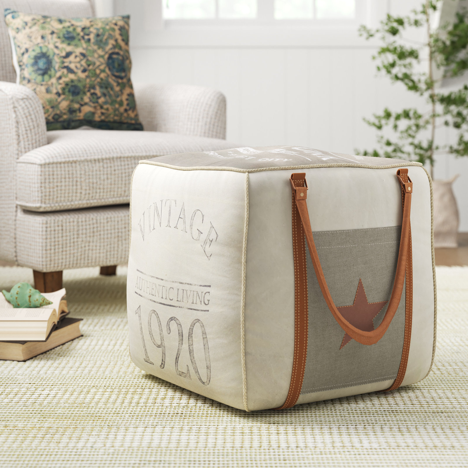 Sand & Stable Cream Canvas Pouf with Leather Handles 21" x 21" x 19" & Reviews